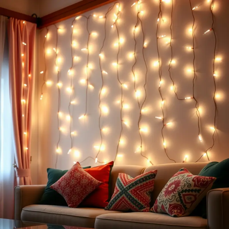 Create a cozy atmosphere with string lights in your living room.