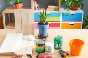 A creatively decorated living space with DIY shelf risers displaying plants and books, reflecting personal style.