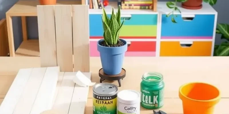 A creatively decorated living space with DIY shelf risers displaying plants and books, reflecting personal style.