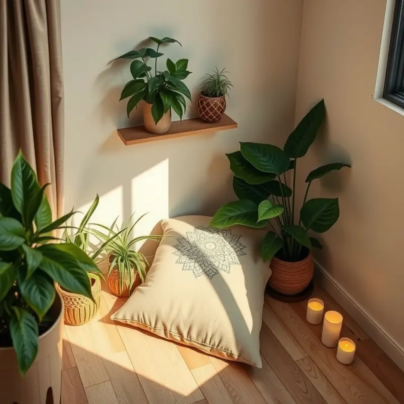 A peaceful nook transformed into a meditation space with personal touches.