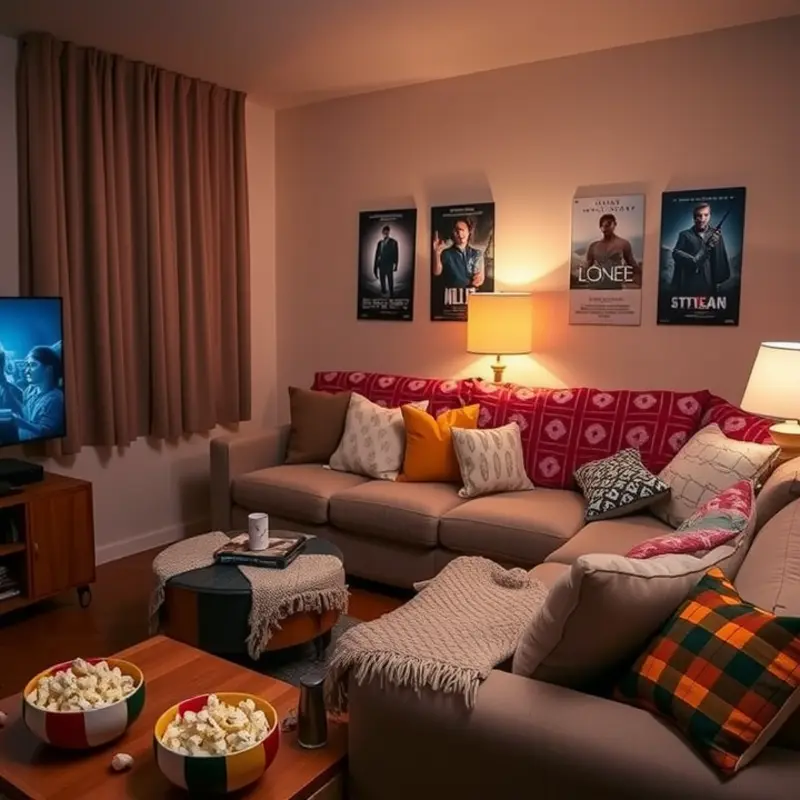 An inviting apartment setup for the ultimate movie night, complete with comfy seating and warm ambient lighting.