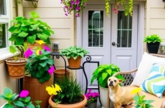 A welcoming balcony with safe plants, comfortable furniture, and pets enjoying their environment.