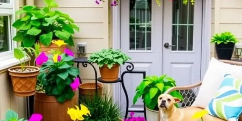 A welcoming balcony with safe plants, comfortable furniture, and pets enjoying their environment.
