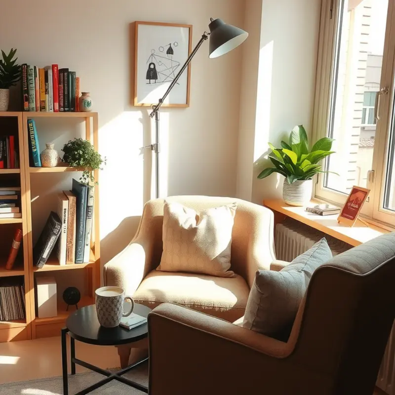 A perfect reading nook designed for small spaces, with cozy textiles and plenty of light.