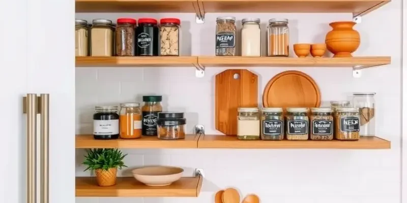 A cozy kitchen in a rental apartment with organized pantry solutions.