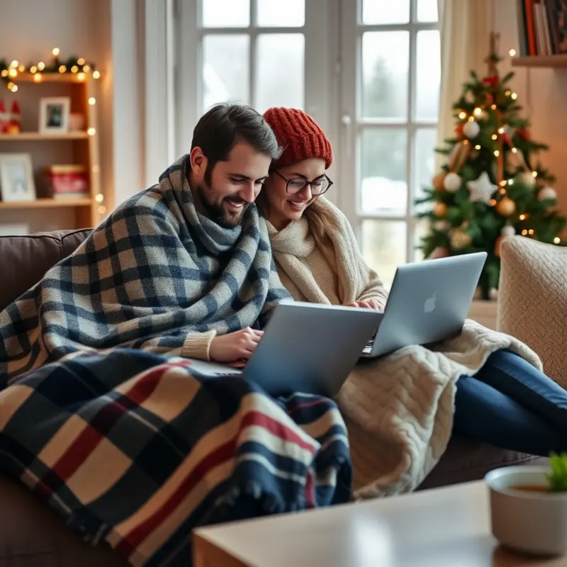 Couple brainstorming apartment options on a winter day.