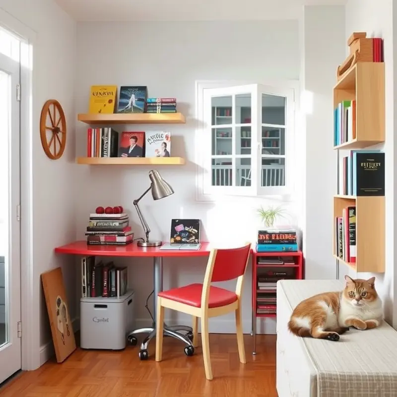 A cozy study corner in an apartment with a desk and relaxed ambiance.