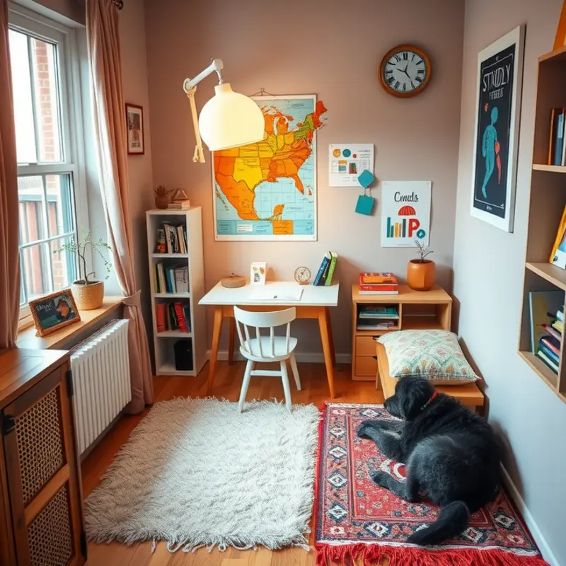 A multifunctional learning area in an apartment, perfect for kids and pets.
