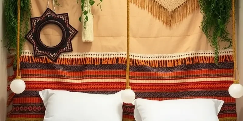 A bedroom showcasing unique fabric and pallet headboards, adorned with tasteful decorations for a cozy aesthetic.