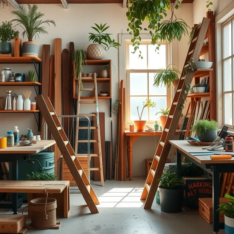 A vibrant workspace showcasing materials for crafting DIY decorative ladders.