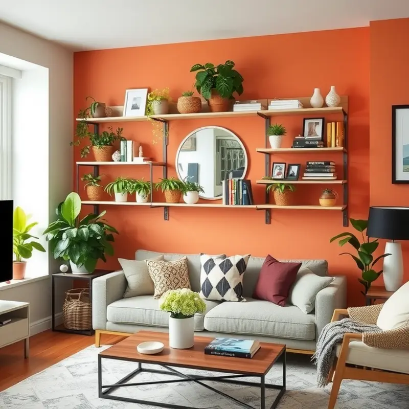 Stylish no-drill wall shelves enhance the decor of a rental living room.