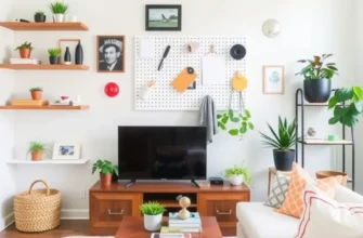 A living space showcasing creative storage solutions with colorful boxes and decorative elements.