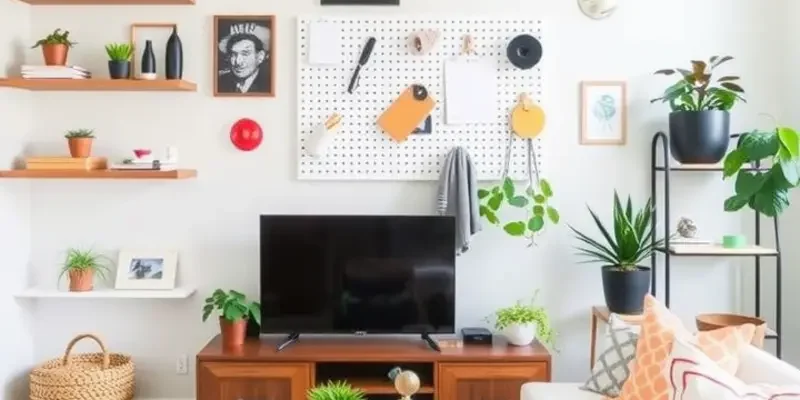 A living space showcasing creative storage solutions with colorful boxes and decorative elements.
