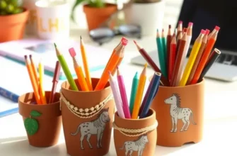 A vibrant workspace displaying various colorful DIY pen holders and art supplies.