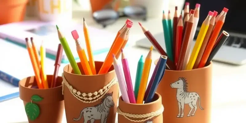 A vibrant workspace displaying various colorful DIY pen holders and art supplies.