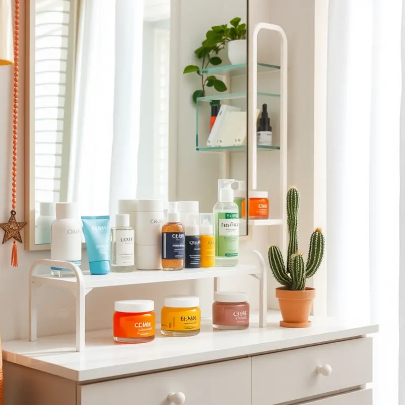 Floating shelves display an organized skincare collection in a chic bathroom.