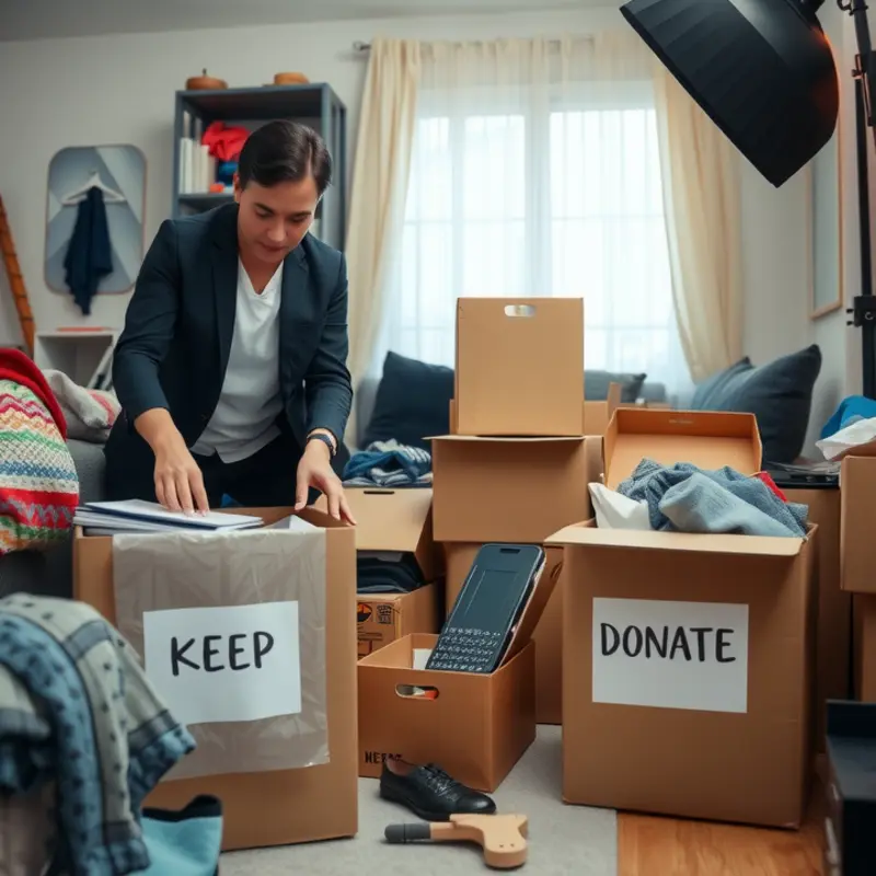 A young professional decluttering before packing for a move.