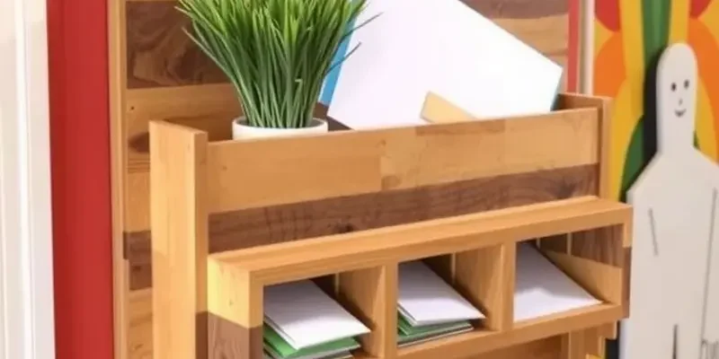 A beautifully decorated mail organization area featuring both a wall-mounted organizer and decorative baskets.