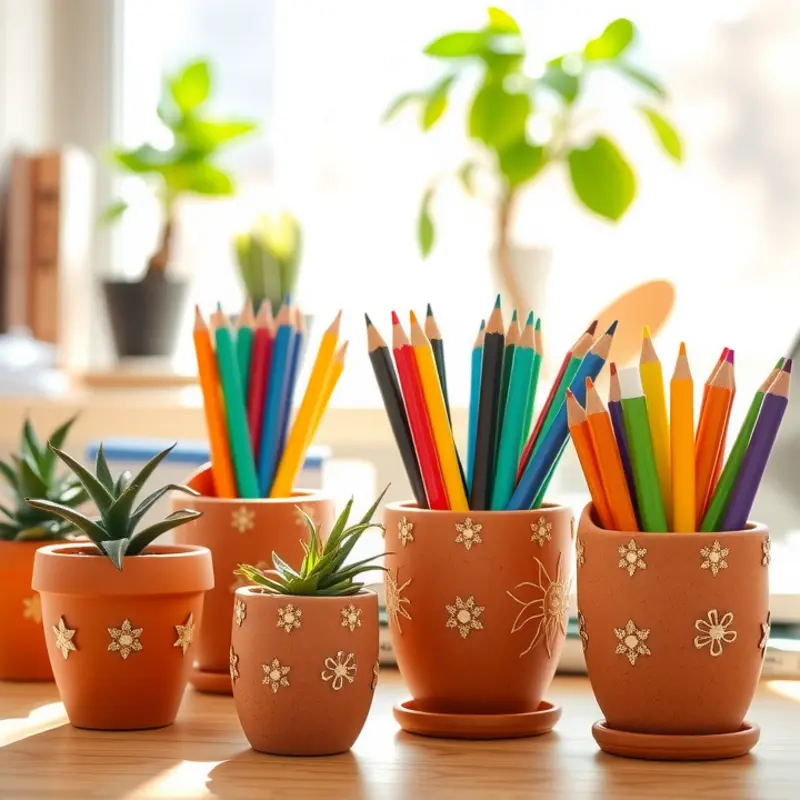 Beautifully decorated terracotta pots serving as vibrant pen holders.