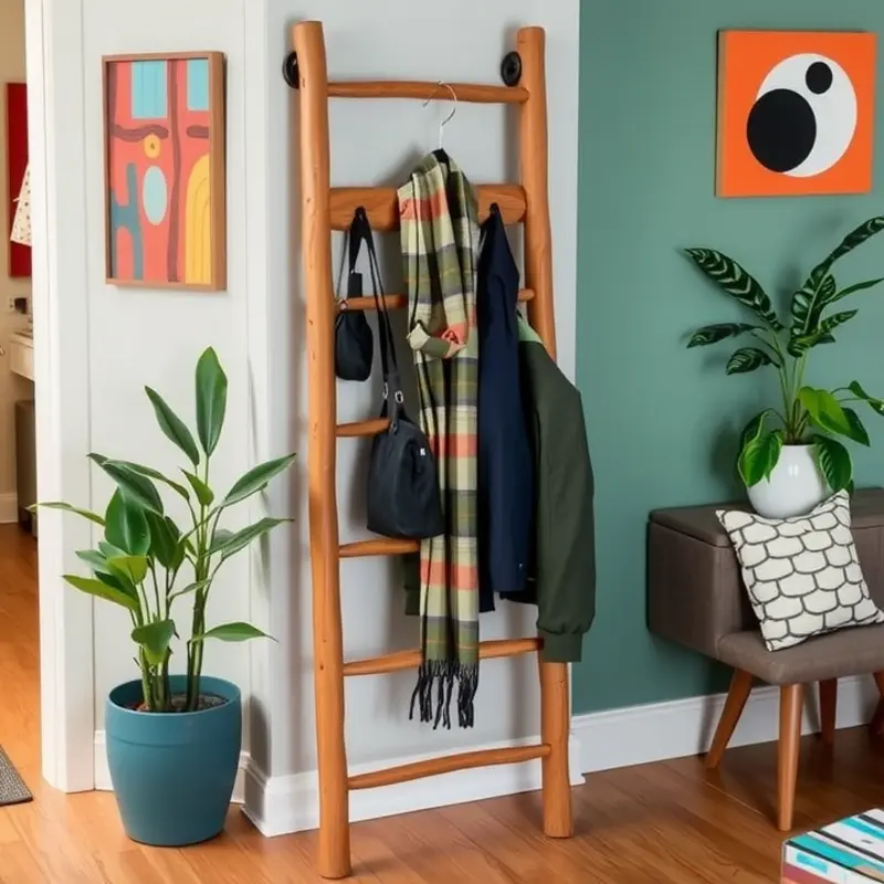 A stylish wooden ladder coat rack in a vibrant apartment.