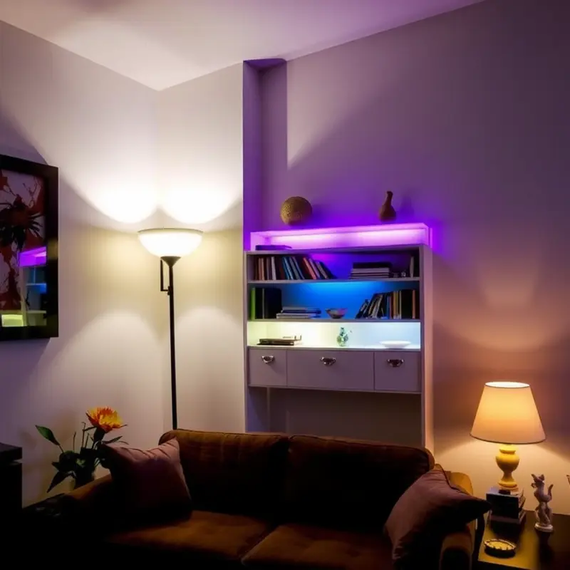 A warm and personalized living room showcasing different types of lighting.