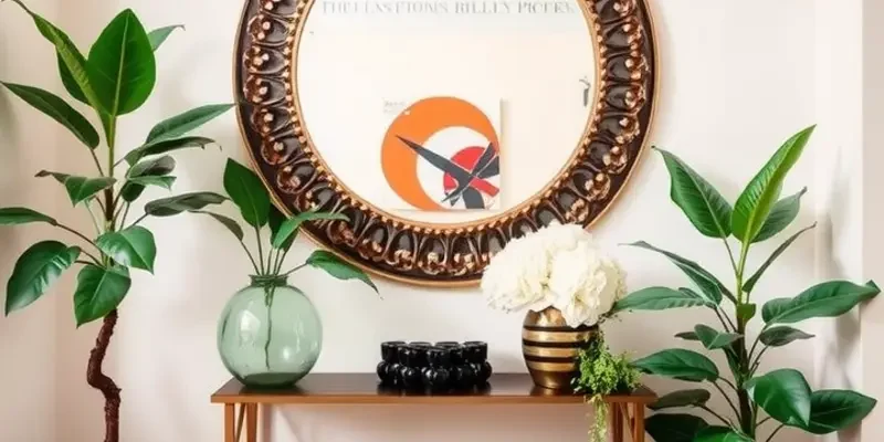 A living room featuring multiple mirrors styled in unique frames, blending with artwork and plants.