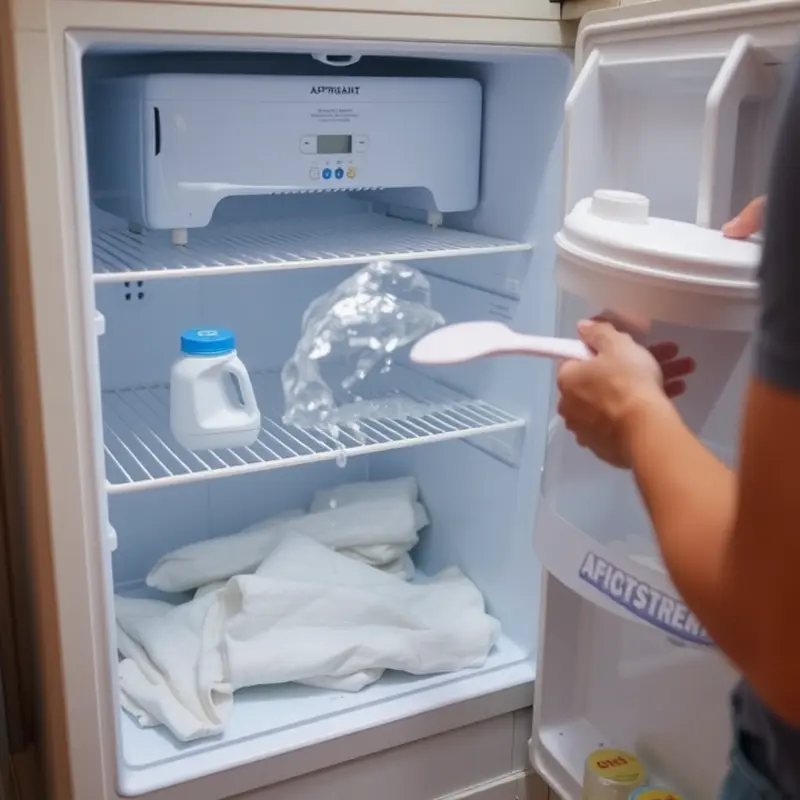 Preparing the freezer for defrosting with necessary tools at hand.