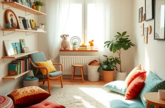 A colorful reading nook featuring a child reading a book beside a dog.