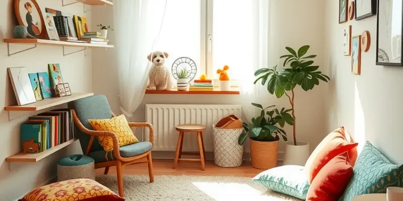 A colorful reading nook featuring a child reading a book beside a dog.