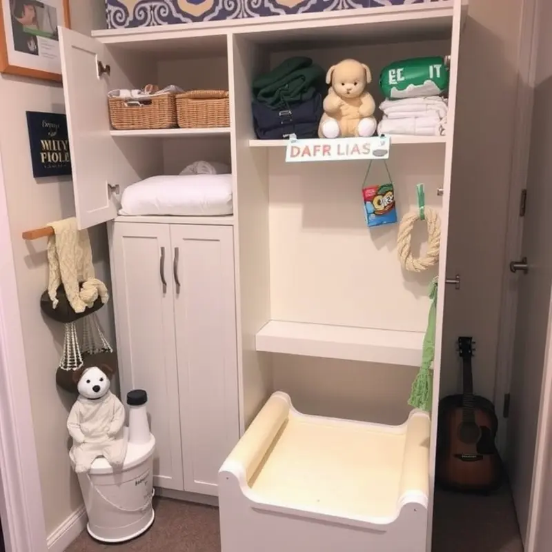 Creative diaper storage in a cozy apartment setting.