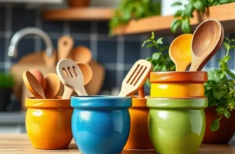 A modern apartment kitchen displaying DIY utensil holders made from terracotta pots and glass jars.