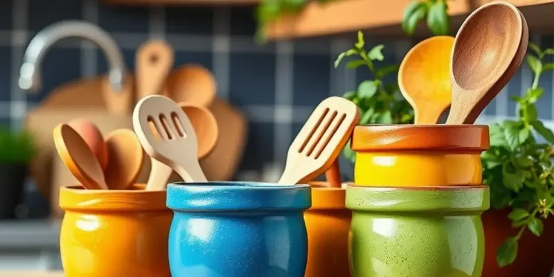 A modern apartment kitchen displaying DIY utensil holders made from terracotta pots and glass jars.