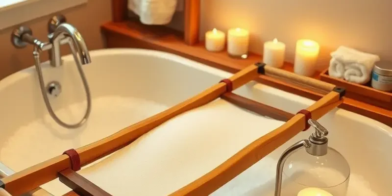 A bright bathroom displaying a variety of stylish DIY bath caddies, enhancing the home's ambiance.