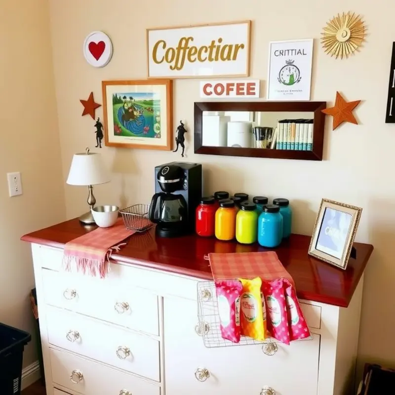 A stylish coffee nook in an apartment, showcasing creative organization and personal touches.