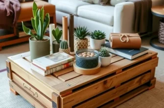 Different styles of DIY coffee tables displayed in a living room, representing various homemade designs.