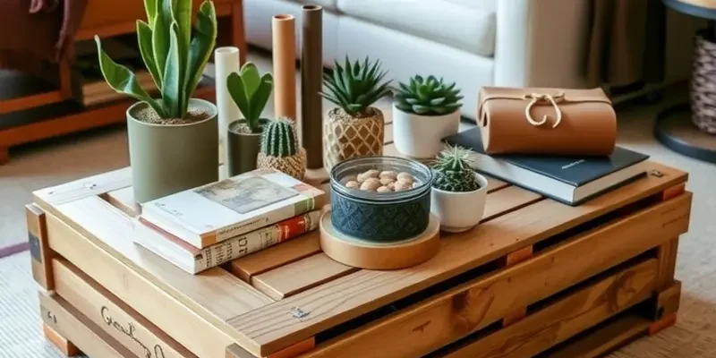 Different styles of DIY coffee tables displayed in a living room, representing various homemade designs.