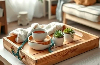 An artistic collage of diverse DIY decorative trays displayed in a cozy living room.