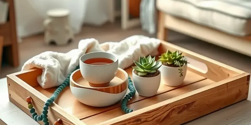 An artistic collage of diverse DIY decorative trays displayed in a cozy living room.