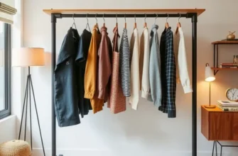 A stylish living room with a DIY garment rack and decorative elements.