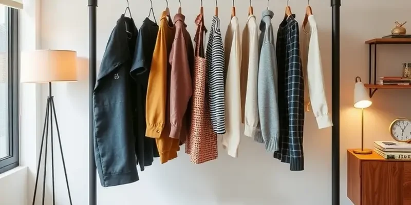 A stylish living room with a DIY garment rack and decorative elements.