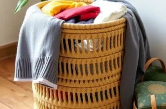 An assortment of different DIY laundry baskets displayed in a stylish apartment, highlighting unique designs and creativity.