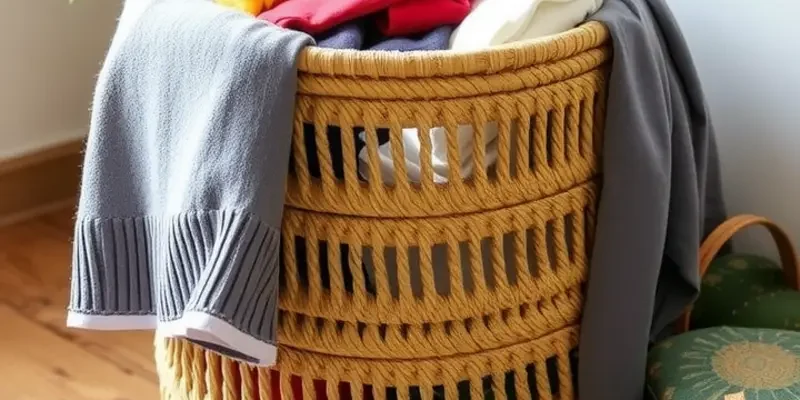 An assortment of different DIY laundry baskets displayed in a stylish apartment, highlighting unique designs and creativity.
