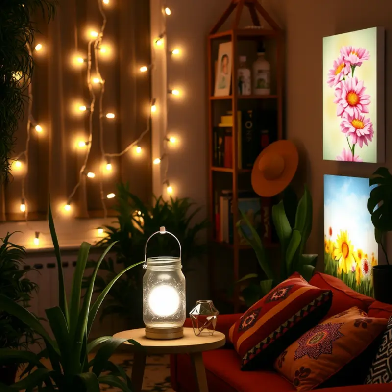 A collection of creative DIY lighting options illuminating a stylish apartment.