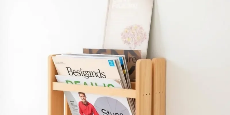 A collage of DIY magazine racks including a modern floating rack and a rustic pallet holder.