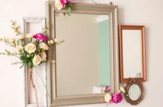 Two DIY makeup mirrors; one framed with vintage frames and the other with washi tape, styled on a decorated vanity.