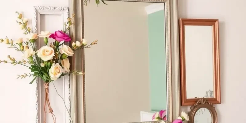 Two DIY makeup mirrors; one framed with vintage frames and the other with washi tape, styled on a decorated vanity.
