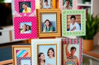 An artistic collection of DIY photo frame designs displayed in a cozy apartment setting.