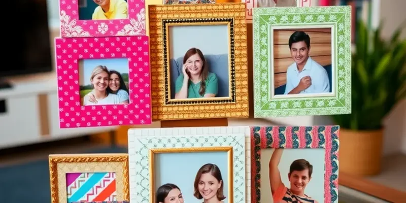 An artistic collection of DIY photo frame designs displayed in a cozy apartment setting.