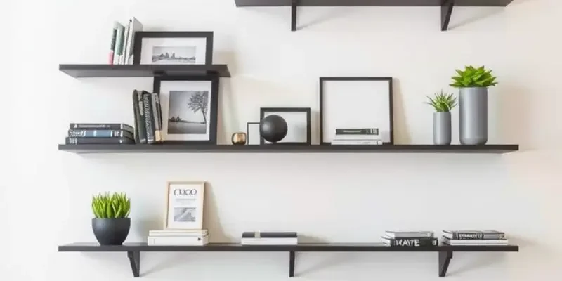 A welcoming living room featuring various DIY shelving solutions.