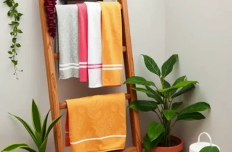 An attractive bathroom displaying different DIY towel racks, including rustic and modern styles.